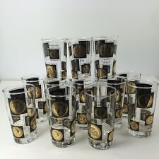 Tumblers Highball 12 Glasses  Libbey MCM Coins Around the World  Gold/ Black VTG picture