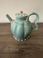 Vintage Ceramic Art Pottery Blue/Green Kettle Teapot 5”T picture