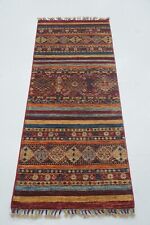 2 x 6 ft Red Striped Tribal Afghan Hand knotted Narrow Short Runner Rug picture