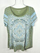 Lucky Brand Women's Blouse L Green Mix Border Boho Top Pullover T-Shirt NWT picture