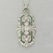 Art Deco Vintage Style Lab Created Diamond & Emerald Wedding 925 Silver Pendant picture