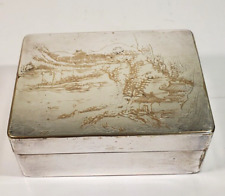 Fine Antique Chinese Scholars Paktong Box Silver w Gold Etched Scenic Lid Copper picture