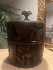 Vintage Hand Carved Ornate Tribal Art Wood Round Box HEAVY picture