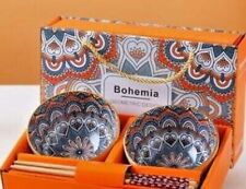 Porcelain Heart Design Bowl Set of 2 with 4 Chopstick Deluxe Gift Box 4.5 inch picture