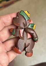Vintage Hand Carved 1940’s Wood Painted Winter Bear Movable Swinging Arm Brooch picture