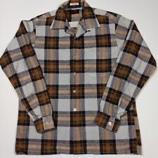 Men Medium Vintage 50s 60s DONEGAL Cotton Loop Collar Shadow Plaid Flannel Shirt picture