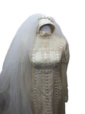 1970's Era Wedding Gown Dress & Veil Hippie Boho High Neck Puff Sleeve Empire picture