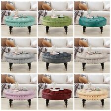Large Upholstered Tufted Button Velvet Round Ottoman Coffee Table Caster Wheels picture