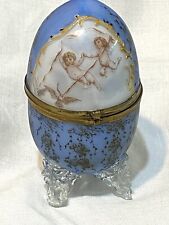 GREAT ANTIQUE VERY BIG EGG SHAPE HAND PAINTED OPALINE FOOTED BOX W/CHERUBS. 7” picture