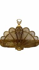Vintage Brass Victorian Fireplace Screen Folding Peacock Fan w/ Cameo 37.5