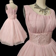 Vtg 50s Prom Dress Sz S Pink Gown Corset Chiffon Full Skirt Huge Back Bow XS picture
