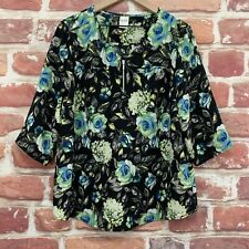 Vintage Blair Top Shirt Womens Large Black Multicolor Floral 1/4 Zip Blouse picture