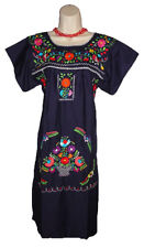 Navy Blue Boho Vintage Style Hand Embroidered Tunic Mexican Dress Hippie Puebla picture
