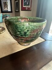 Vintage Raku Green Copper Pottery Pedestal Bowl Vase  Signed Numbered picture