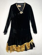 ANTIQUE 1920s Black Gold Velvet Dress Fringe Long Sleeve Vintage 20s 30s A23 picture