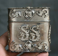 8CM Old Chinese Miao Silver Dynasty Double Dragon cut tobacco coccoloba Box picture