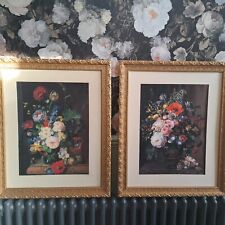 vintage pair of dark floral framed prints mounted gold frame maximalist vtg picture