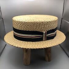 Antique Italian Straw Boater Hat Dobbs 5th Ave NY Ribbon Band Size 7 3/8” picture