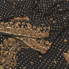 Sanskriti Vintage Black Sarees Beaded Pure Georgette Silk Fabric Lehenga Sari picture