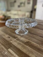 Mikasa Crystal Holiday Scallop  Pedestal Cake Plate Trees Stars 10” Vtg picture
