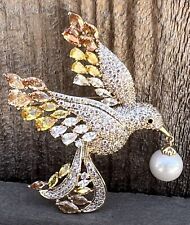 Yellow Pink Hummingbird Crystal Glass Rhinestone Brooch Pin Vintage Bird Clear picture