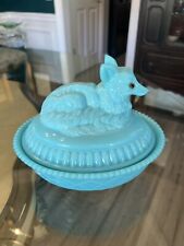 Vintage Westmoreland Blue Milk Glass Fox on Nest Covered Dish 7 1/2 x 6 picture