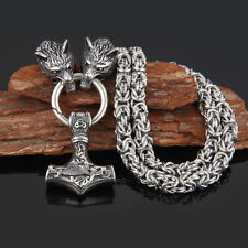 Mens Stainless Steel Heavy Wolf Viking Thors Hammer Pendant Necklace Vintage Men picture