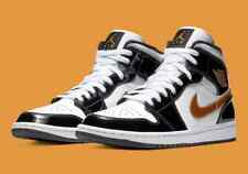 Nike Air Jordan 1 Mid Shoes Patent Black White Gold 852542-007 Men's Sizes New picture