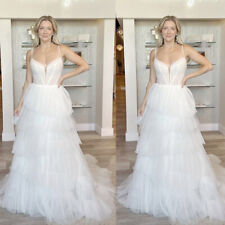 Spaghetti White Wedding Dresses Ruffles V-Neck Tulle Sweep Train Bridal Gown picture