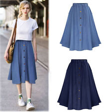 Women Retro Solid Color Button Denim Midi Swing Skirt High Waist Casual Dress picture