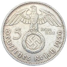 Rare Third Reich WW2 German 5 Reichsmark Hindenburg Silver Coin  picture