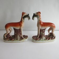 Large Antique 19C English Staffordshire Whippet Hunt Rabbit Mantle Dog Pair picture