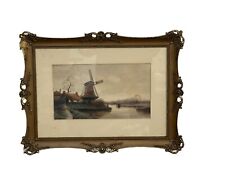 antique watercolor windmill listed artist gilt frame 1800s george herdle 1868-19 picture