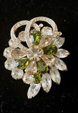 Eisenberg Vintage TriColor Brooch Pin Olive Green Topaz Clear Rhinestones Signed picture