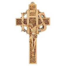 Filigree IHS Crucifix Solid Pewter Antiqued Gold Finish Pretty background 9 Inch picture