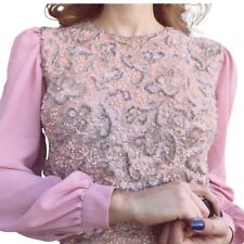 Vintage 60's Embroidered Blouse Top Pink Silver Puff Sleeve Sequin Luxury Small picture