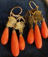 Vintage Teardrop Orange Coral Dangle Earring 14k Yellow Gold Over Coral Earring picture