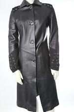 Gorgeous Vintage Black Leather Collared Beaded Details Midi Trench Coat Size M picture