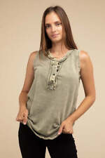 ZENANA Summer Top Mineral Washed Half-Button Raw Edge Sleeveless Henley picture