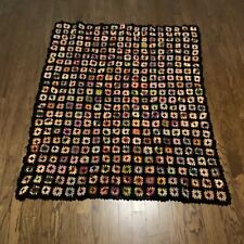 Vintage Granny Square Afghan Crochet Blanket Throw Colorful Unique Black 56x48 picture