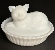 Vintage Westmoreland White Milk Glass Cat On In Basket Covered Animal Dish picture