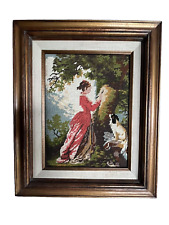 Vintage Framed Needlepoint Art Woman Painting Dog 15 X 18 Beautiful picture