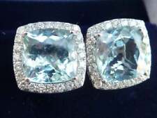 Stunning Art Deco Cushion Cut 19.00 CT Aquamarine & Clear CZ Halo Stud Earrings picture