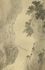 JAPANESE PAINTING LANDSCAPE River HANGING SCROLL OLD Boat JAPAN Antique e338 picture