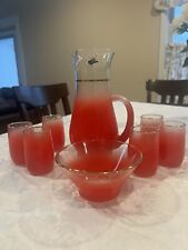 Vintage Blendo Pitcher and 6 Glasses Frosted Bowl Red Gold Trim EUC picture