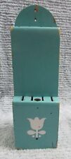 Primitive Old 1910's Hand Painted Teal Blue White Tulip Wood Knife Block Holder picture