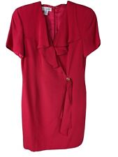 Vintage Gillian Women's 10 Red Faux Wrap Gold Buckle Ruffle Neck 100% Silk Dress picture
