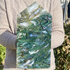 5.62LB Large Natural green druzy moss agate quartz obelisk crystal aura healing picture