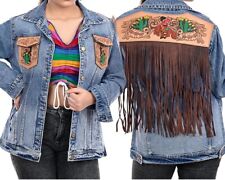 AD American Darling Leather Hand Tooled Carved Women Fringe Jean Jacket Denim M picture