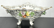 Antique Dresden Carl Theime Reticulated Oval Footed Bowl Applied Flowers 10.5